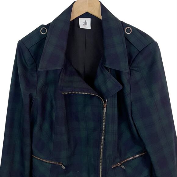 CAbi #3181 Green & Navy Blue Tartan Plaid Zip Front Moto Jacket Size 6 - Picture 5 of 9
